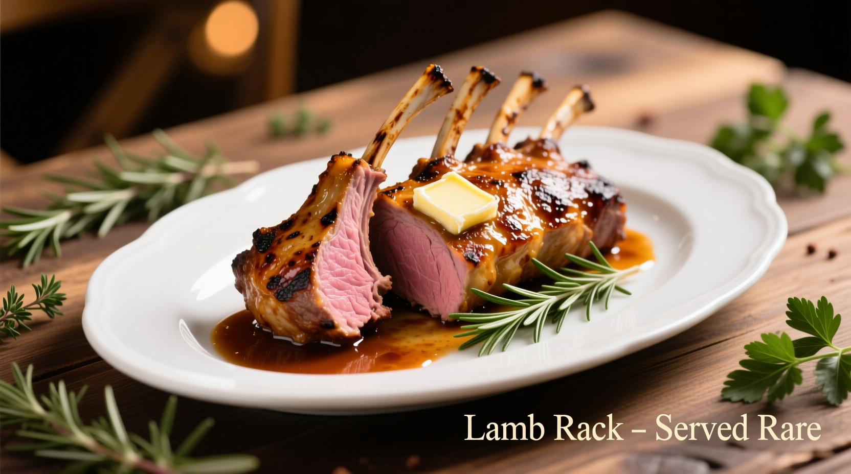 Perfectly cooked rack of lamb on serving platter