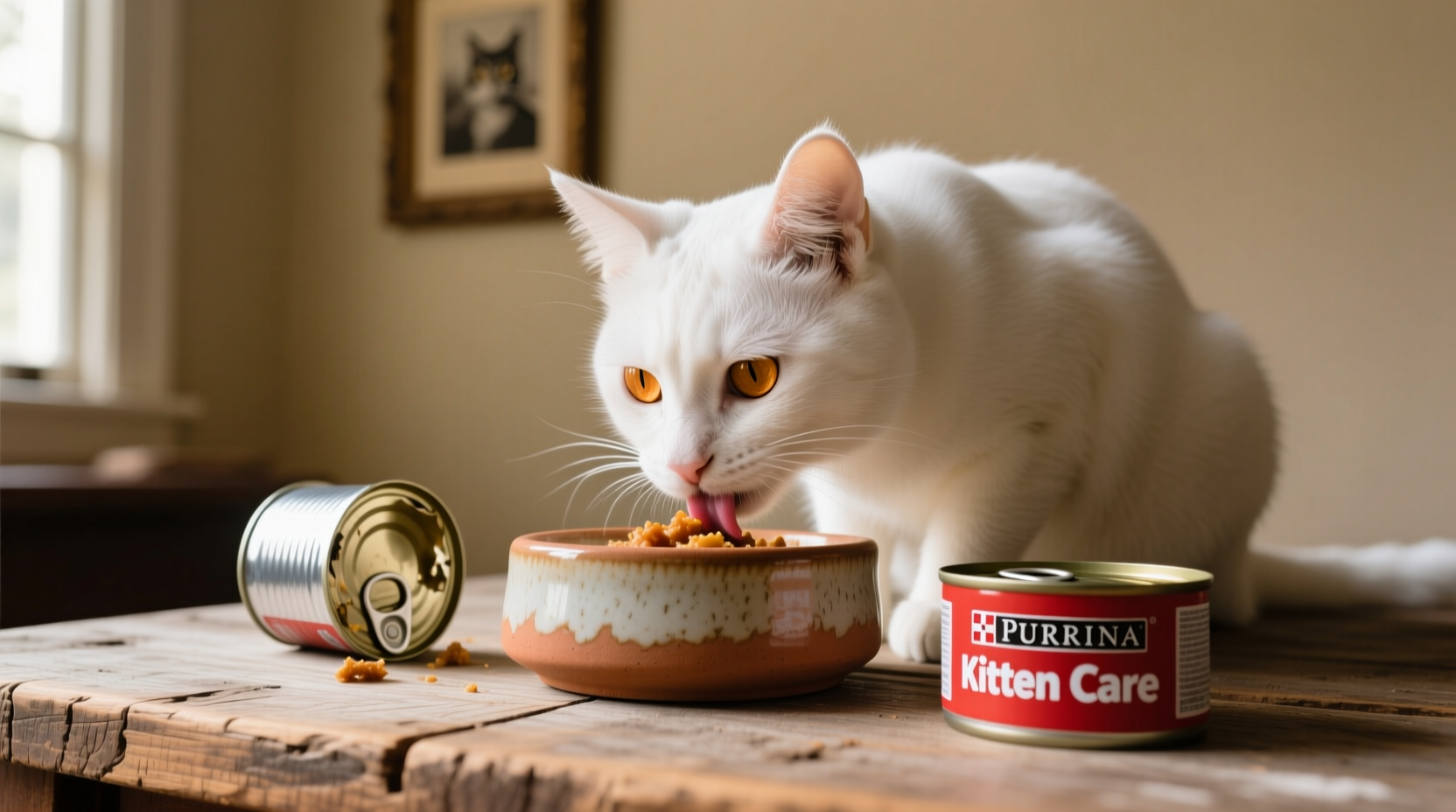 Cat eating from ceramic food bowl with two empty cans nearby