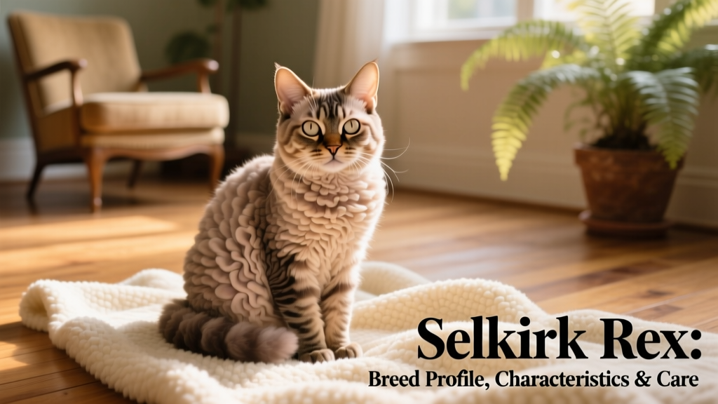 A relaxed Selkirk Rex cat sitting on a soft blanket, showcasing its plush, curly coat and gentle expression