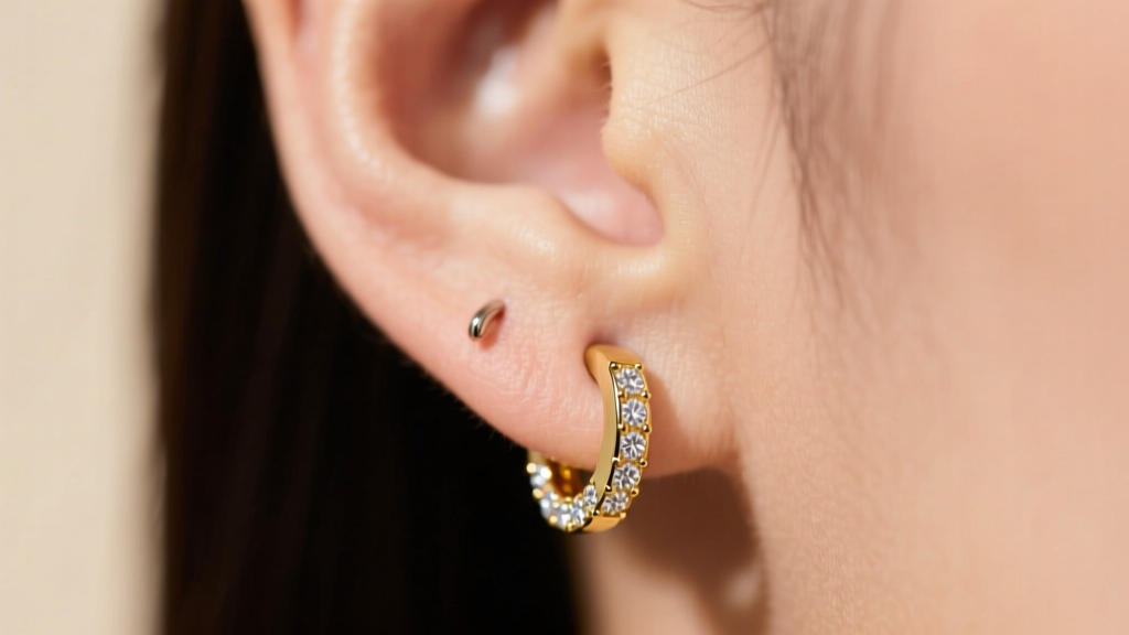 Close-up of a 16-gauge 18k gold tiny huggie hoop earring with micro-pave diamonds worn on a healed upper helix cartilage piercing.