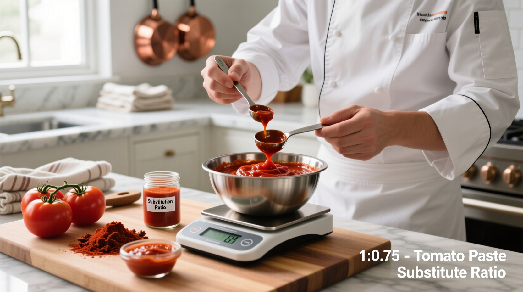 Chef measuring tomato paste substitution ratio