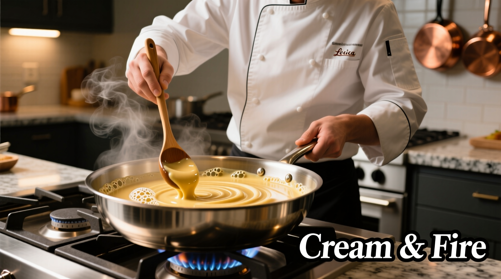 Chef stirring cooking cream into a simmering sauce