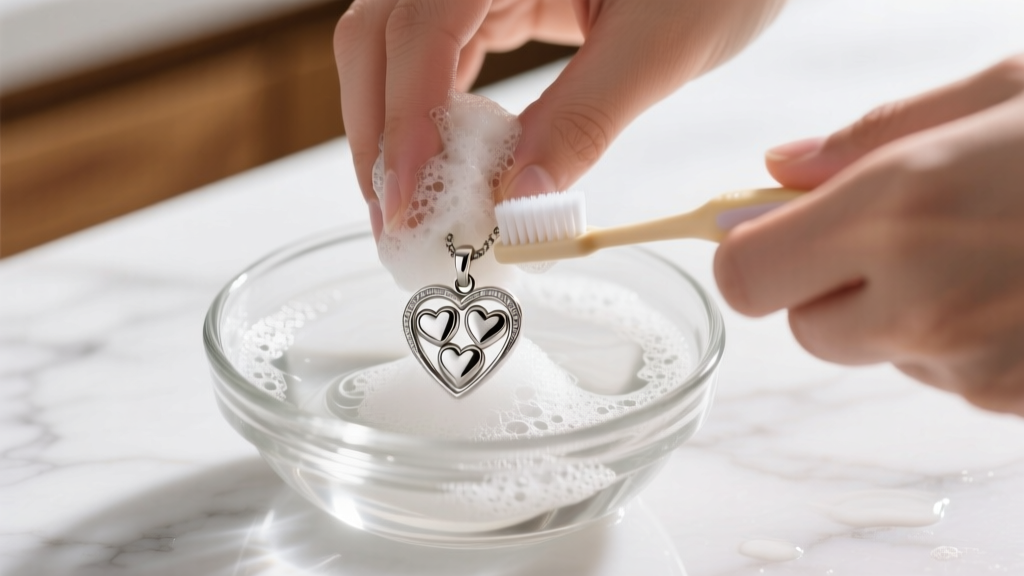 Hands scrubbing a silver three heart pendant with an extra-soft baby toothbrush and mild soapy water inside a small glass bowl.