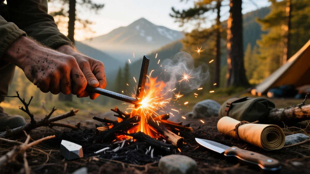 Hands striking a ferrocerium rod to create bright orange sparks over dry tinder in a rugged wilderness survival camp setting.