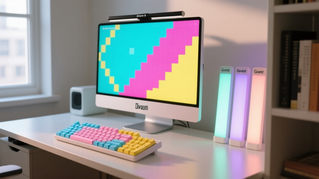 Budget anime gaming desk setup featuring a Divoom Pixoo-16 displaying pixel art, glowing Govee light bars, and custom pastel PBT keycaps