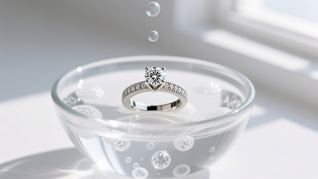 Close-up of a 14k white gold diamond ring submerged in a glass bowl of soapy water, illuminated by soft natural window lighting.