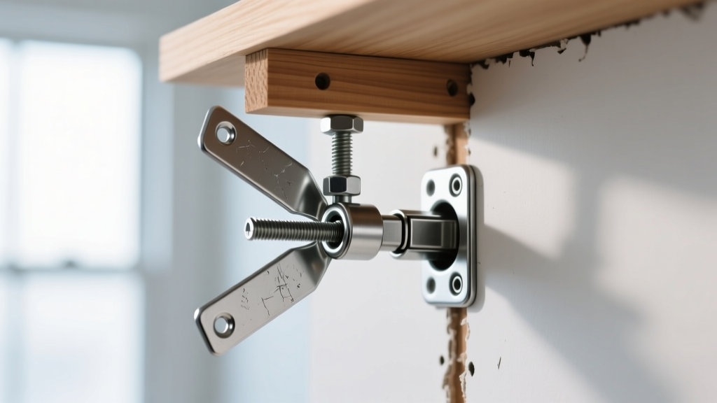 Close-up of a steel toggle bolt anchor expanding behind drywall, supporting a wooden shelf bracket in bright studio lighting.