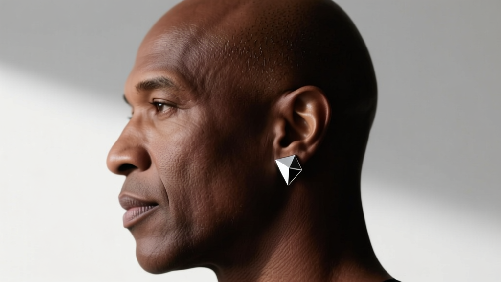Side profile of a bald man showcasing a sleek platinum stud earring, emphasizing sharp white metal contrast against darker skin