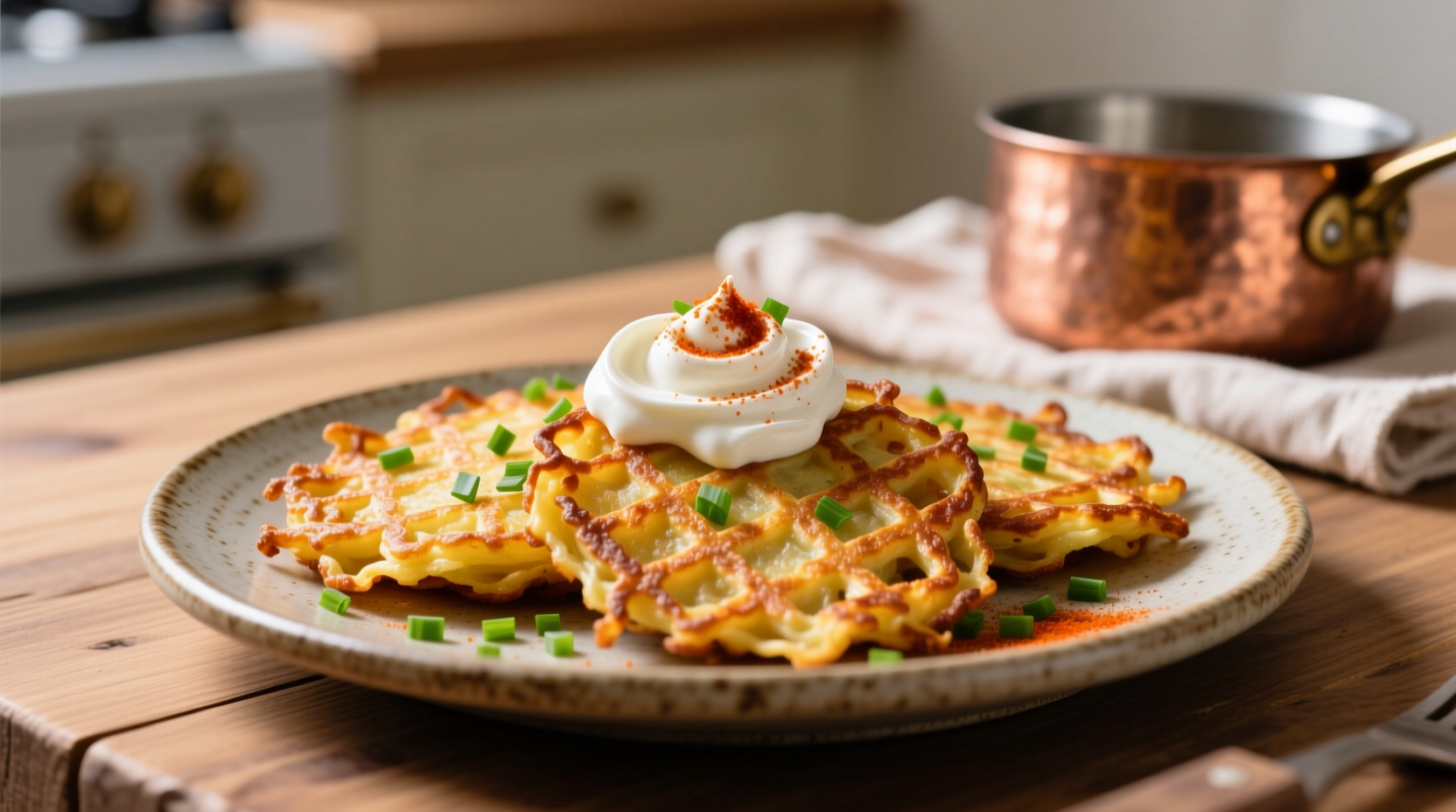 Golden potato pancakes served with sour cream and chives