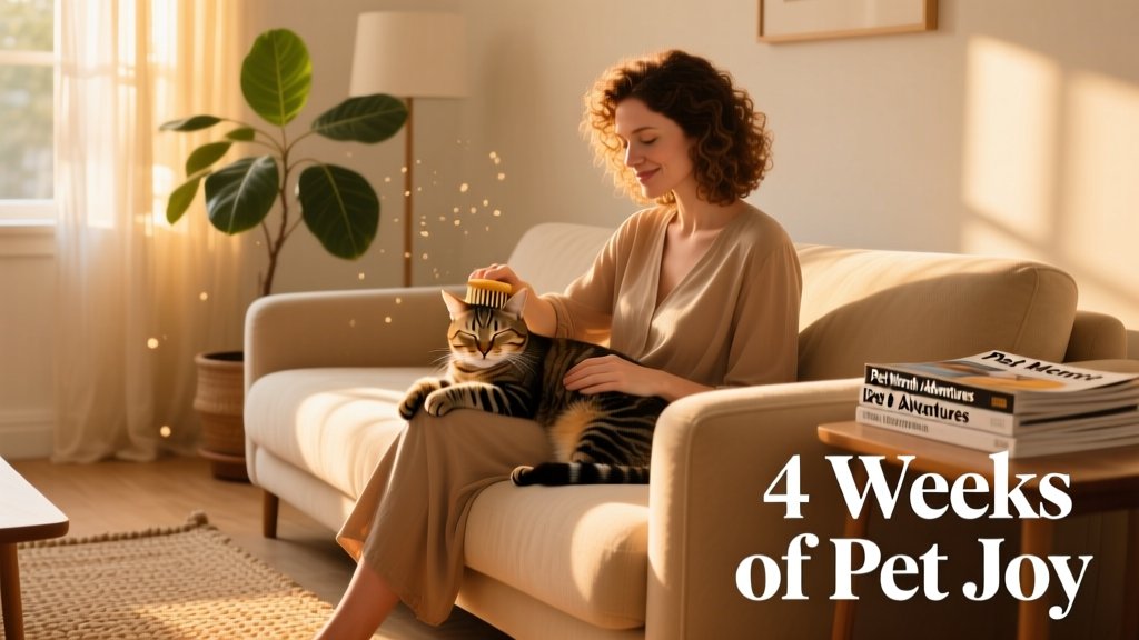 A person calmly brushing a relaxed cat while sitting on a sunlit sofa