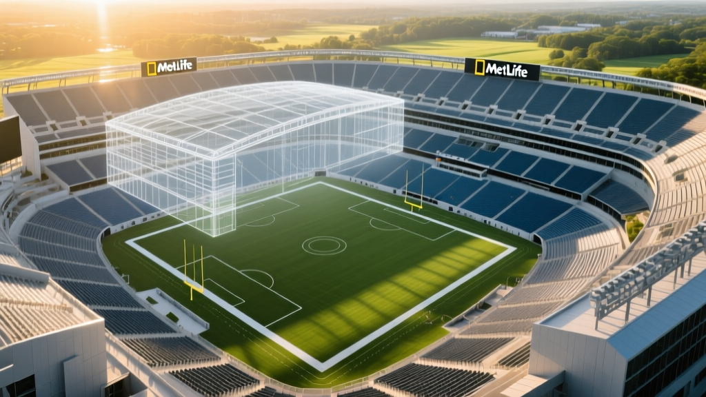 Aerial blueprint overlay of MetLife Stadium showing structural steel tonnage, concrete volume, and 2.1 million square foot scope metrics
