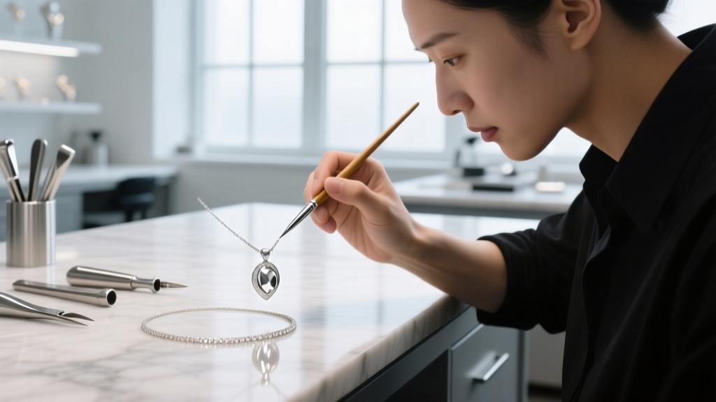 Jeweler using a small brush to apply fresh rhodium plating to a white gold pendant necklace in a bright, well-lit jewelry workshop.