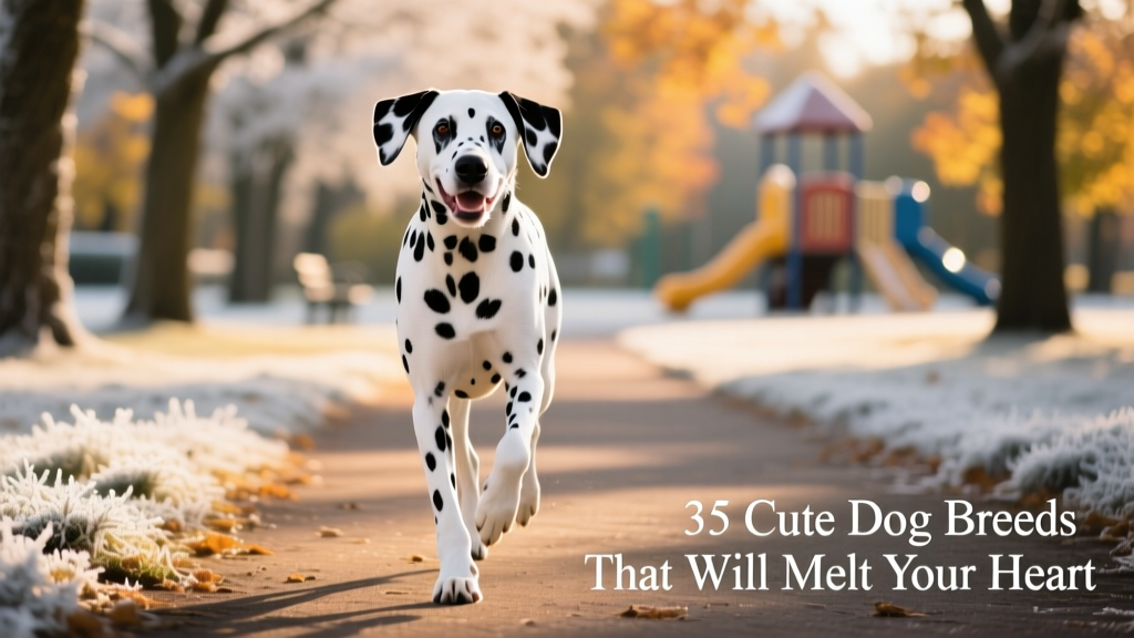 A cheerful Dalmatian with bold black spots on a snowy white coat, mid-stride on a park path, exuding energy and elegance
