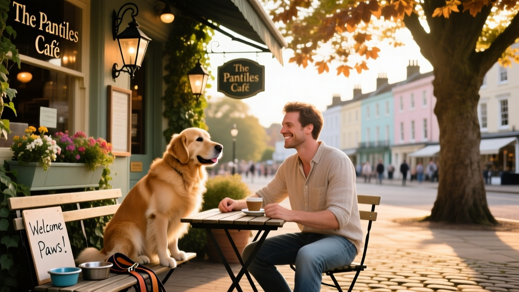 A dog sitting beside its owner at an outdoor table outside a charming café in The Pantiles, Royal Tunbridge Wells
