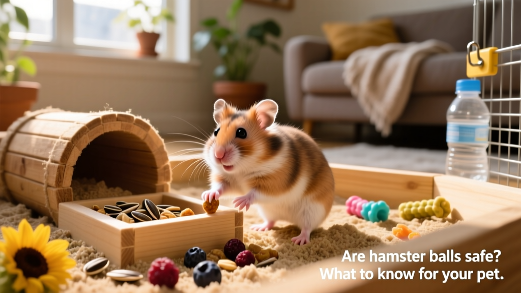A happy hamster exploring a FurPetVo playpen with wooden tunnels, a dig box, and scattered treats