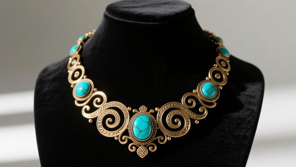 Close-up of a heavy brass and turquoise long statement necklace on a dark velvet bust, highlighting the intricate metalwork details