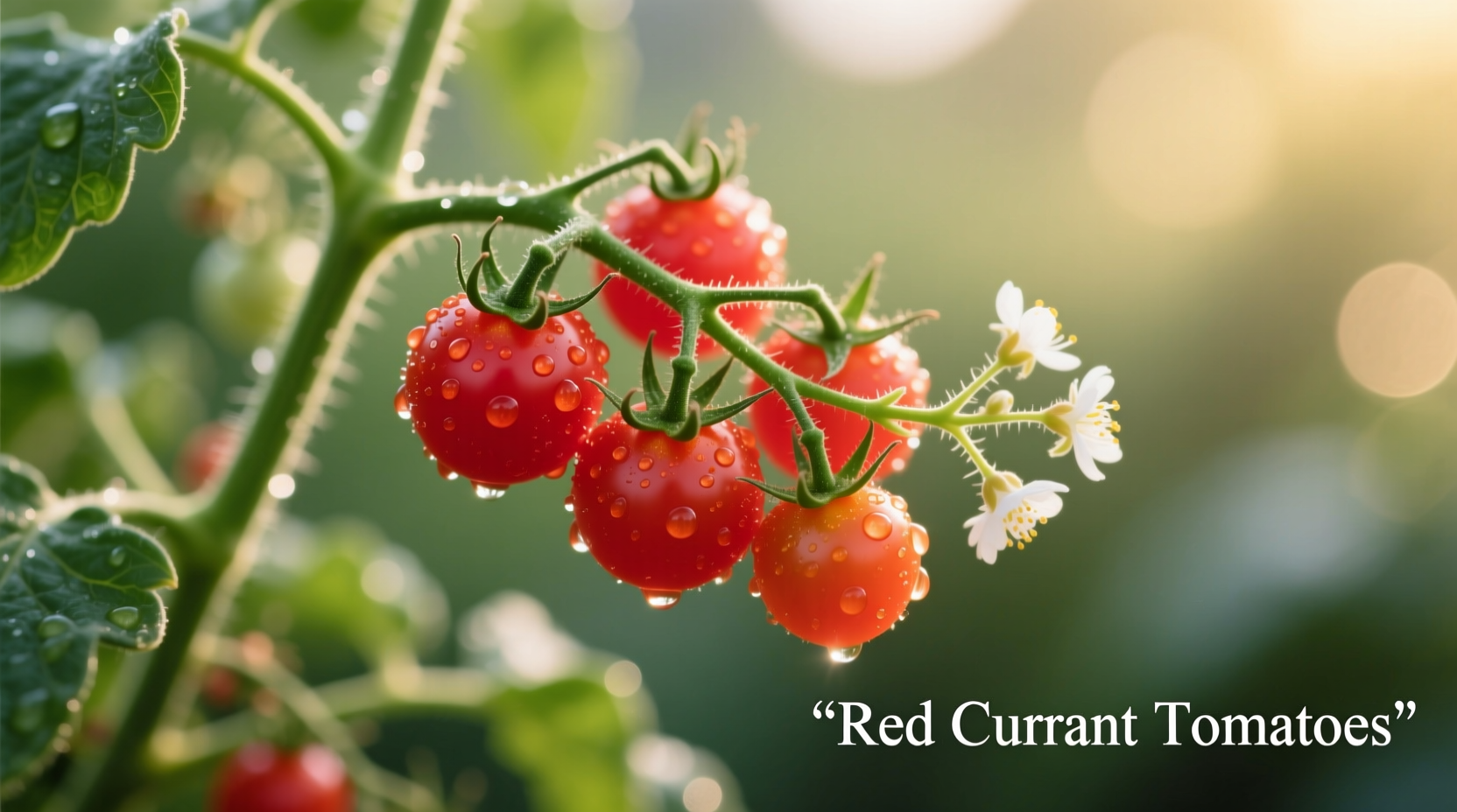 Close-up of tiny red currant tomatoes on vine