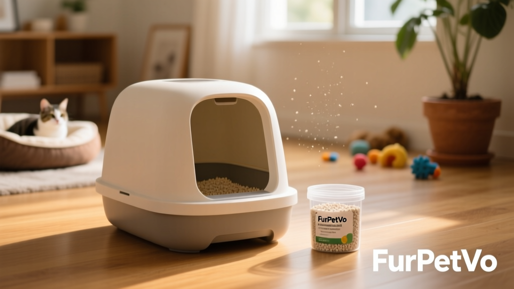 A clean, modern litter box with a small container of FurPetVo litter deodorizer crystals beside it
