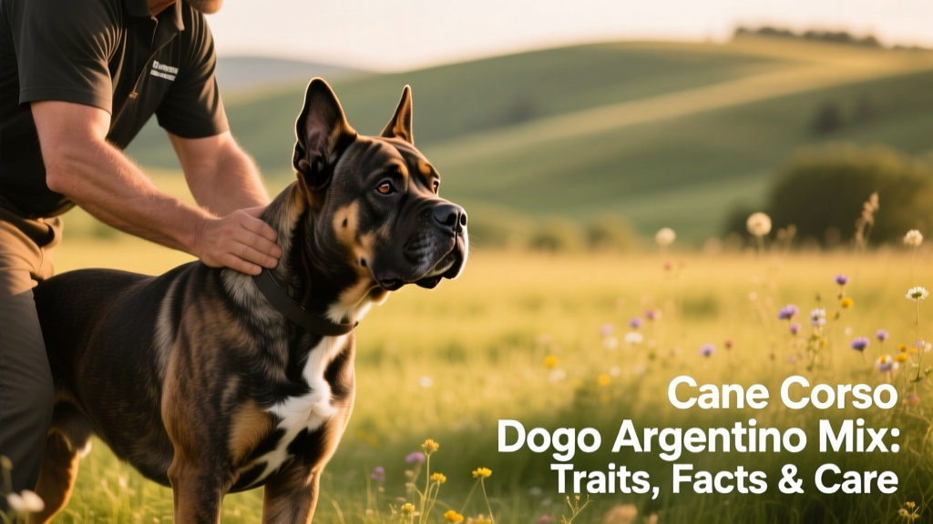 A Corso Dogo mix engaged in focused obedience training with a handler in a grassy field