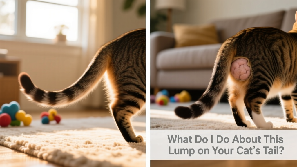 Side-by-side comparison of healthy cat tail versus tail with visible swelling or lump