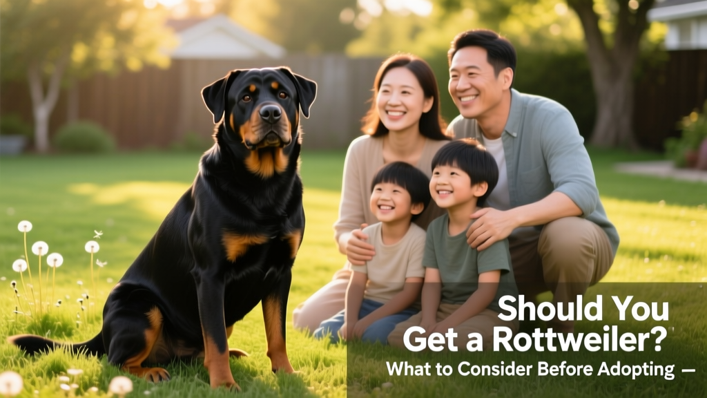 A calm, well-groomed adult Rottweiler sitting beside a smiling family on a grassy backyard lawn