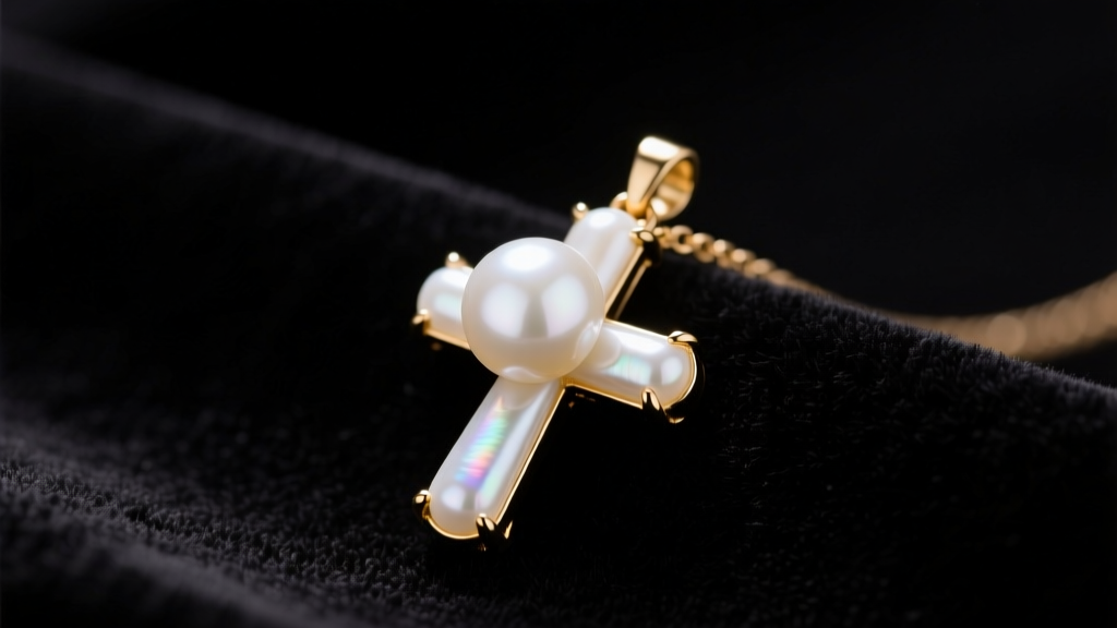 White Akoya pearl cross pendant on dark velvet, showing sharp luster and 14k gold prong settings under soft warm studio lighting.