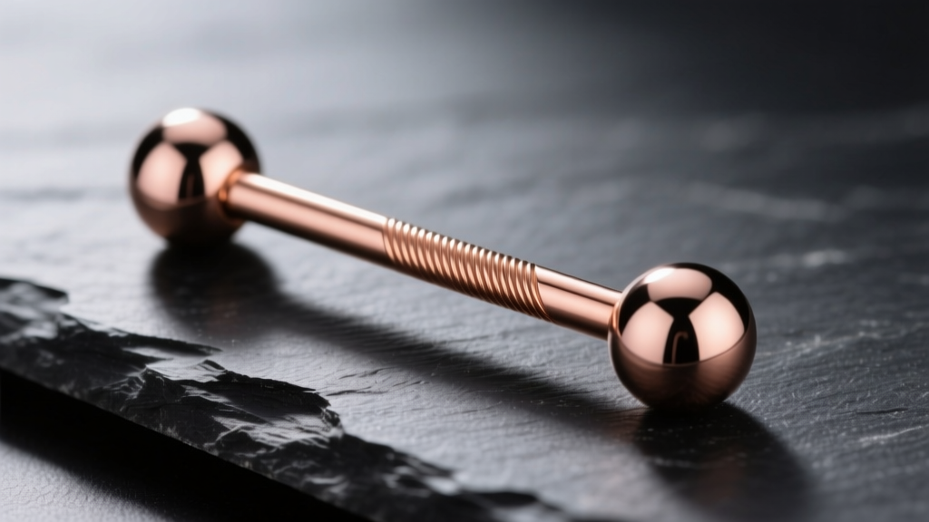 Macro shot of a rose gold titanium curved barbell resting on dark slate, highlighting smooth threading and polished balls.