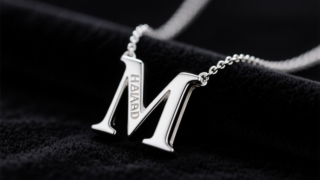 Close-up of a polished sterling silver buckle initial necklace with the letter M, resting on dark velvet under soft studio lighting.