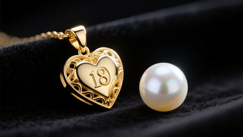 Macro photography of an 18k yellow gold heart pendant resting beside a flawless 8mm white Akoya pearl on dark velvet, studio lighting