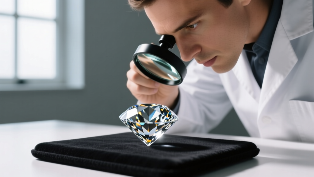 Jeweler using a loupe to inspect pavilion facets of a loose GIA diamond on dark felt under bright daylight lighting