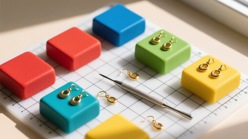 Overhead flat lay of vibrant polymer clay blocks, brass earring hooks, and a needle tool on a grid cutting mat.