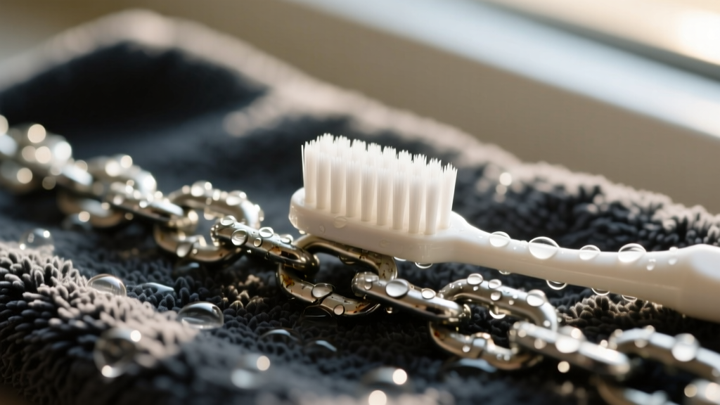 Soft toothbrush gently scrubbing rectangular links of an oxidized silver chain with soapy water on a dark microfiber towel.
