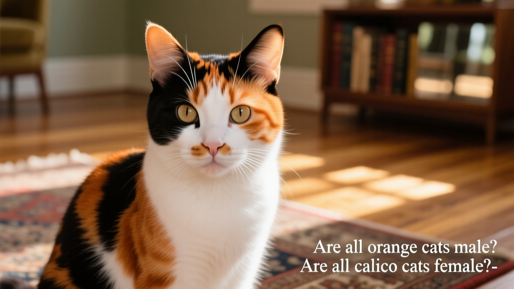 Portrait of a classic calico cat with distinct orange, black, and white patches