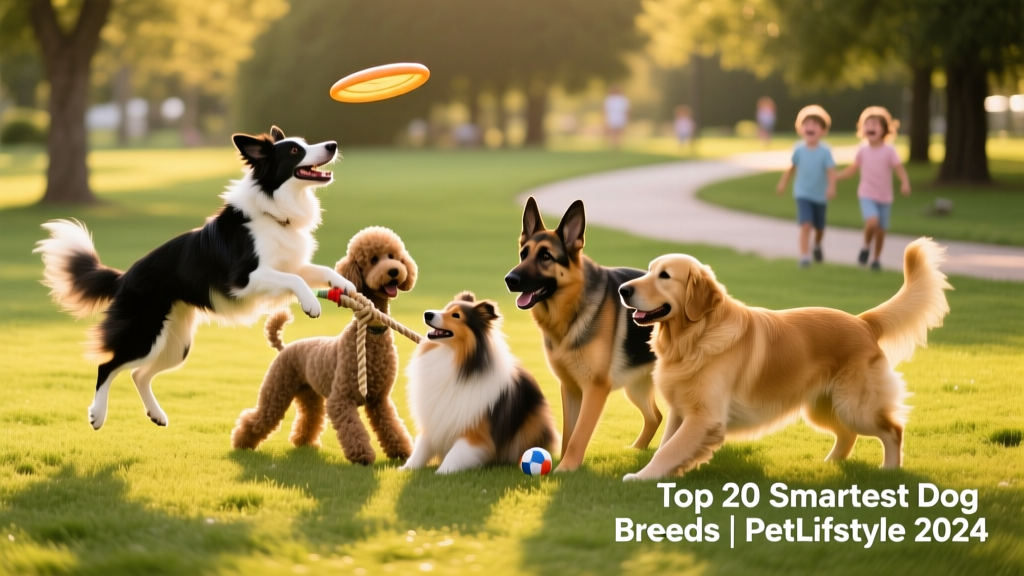 A diverse group of intelligent dog breeds playing together in a sunlit park