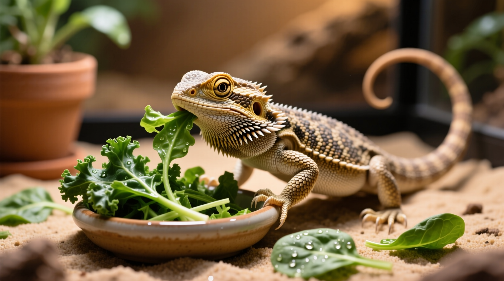 Bearded dragon eating leafy greens from feeding dish