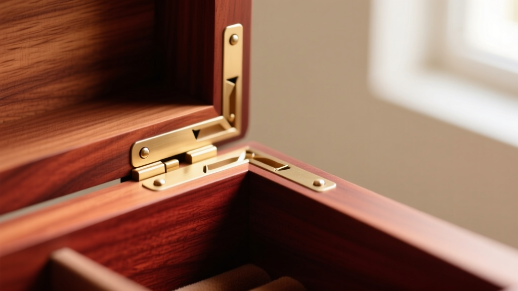 Close-up angle of precision-cut dovetail joints on the corner of a cherry wood jewelry box highlighting the interlocking pins and tails without visible glue lines