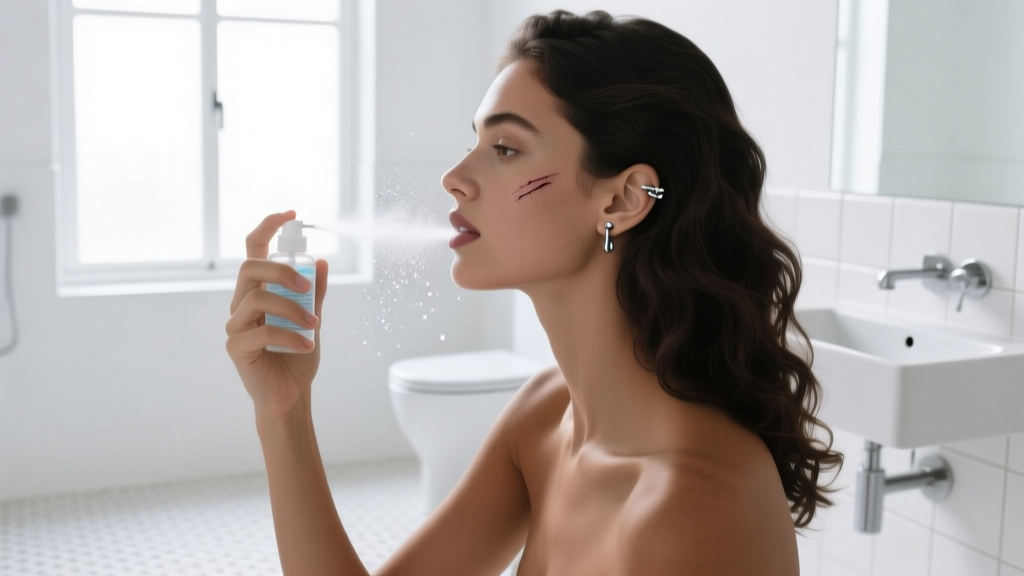Side profile of a woman spraying sterile saline wash onto her healing cartilage piercing in a bright modern white bathroom space.