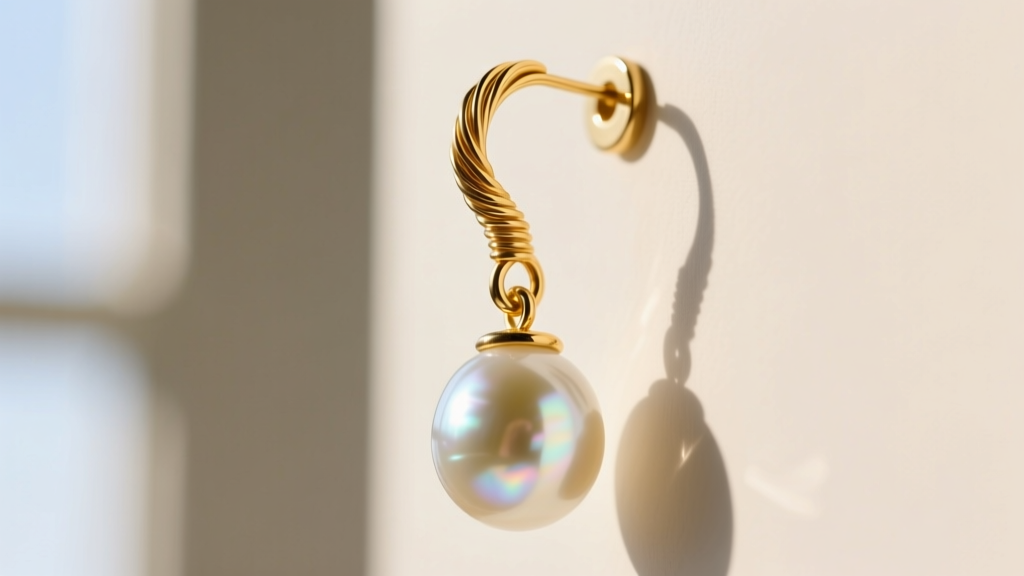 Side profile of an 18-gauge gold earring hook supporting a heavy glass pearl drop, highlighting the thick wire for lobe support.