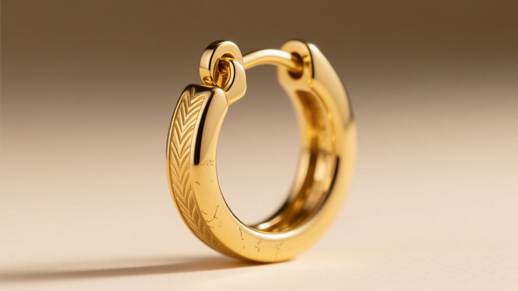 Macro shot of a 14k gold hinged snap clasp hoop earring clicking shut, highlighting the interlocking notch against a soft beige backdrop.