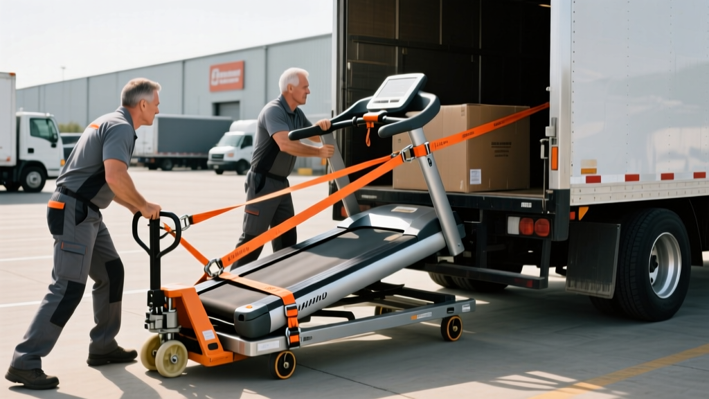 Two movers using appliance dollies with heavy-duty ratchet straps to carefully load a commercial treadmill into a box truck