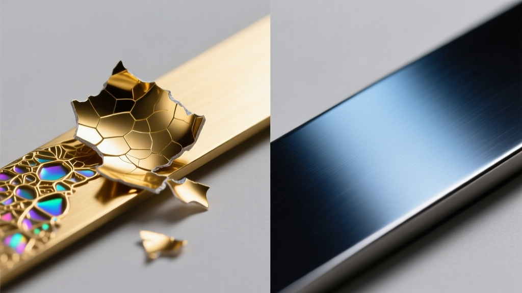 Microscopic split-screen comparing thin electroplated gold flaking off brass versus a smooth PVD titanium nitride coating on steel