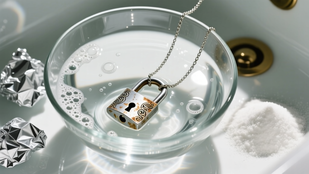 Top-down view of a glass bowl with aluminum foil, baking soda, and a tarnished silver lock necklace undergoing a cleaning bath