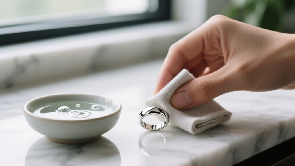 Hands gently wiping a rhodium-plated sterling silver ring with a microfiber cloth next to a small bowl of mild soapy water.