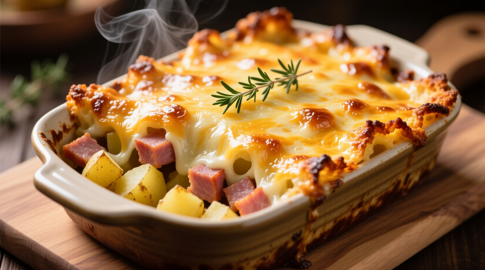 Golden baked ham potato cheese casserole with melted cheese topping