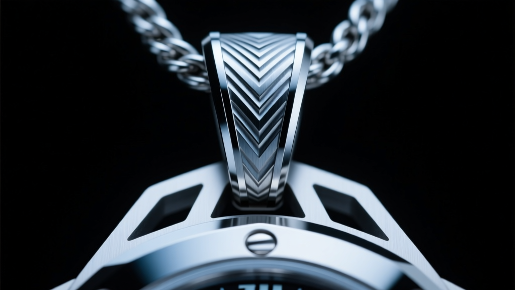 Macro shot of a Grade 5 titanium demon pendant bail showing precise CNC milling marks under cool directional studio lighting.