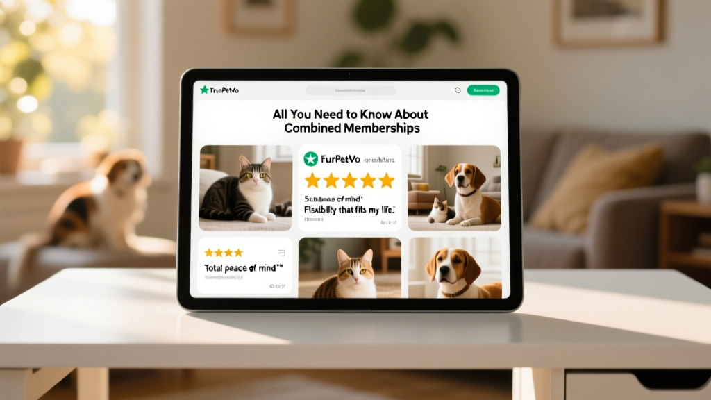 Screenshot collage showing positive Trustpilot reviews from FurPetVo combined members, with star ratings and short quotes about flexibility and peace of mind