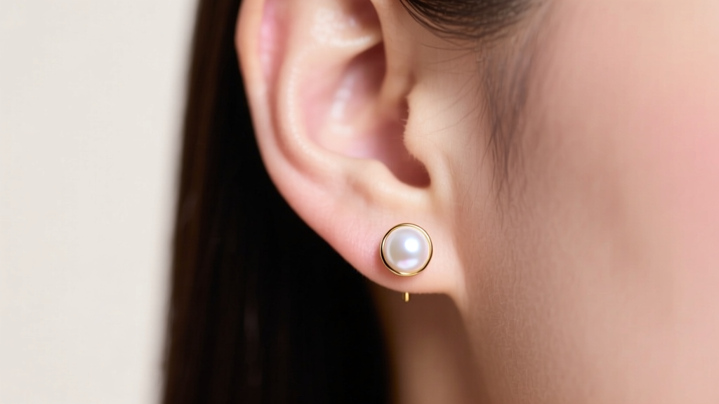 Earlobe wearing a 6mm white Akoya pearl stud earring on a 14k gold post, soft light highlighting the subtle pink overtone