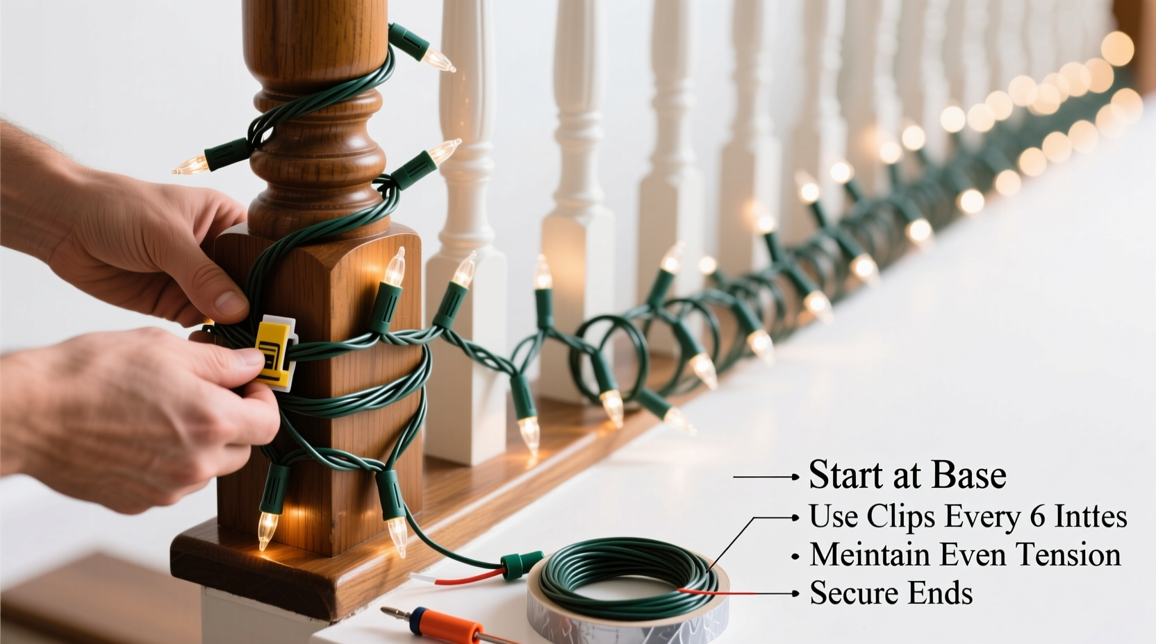 how to wrap columns or banisters with christmas lights evenly and securely