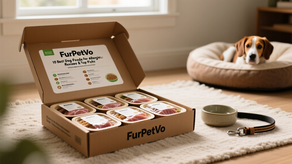 A FurPetVo subscription box opened to reveal vacuum-sealed, portioned meals labeled with feeding instructions and ingredient lists