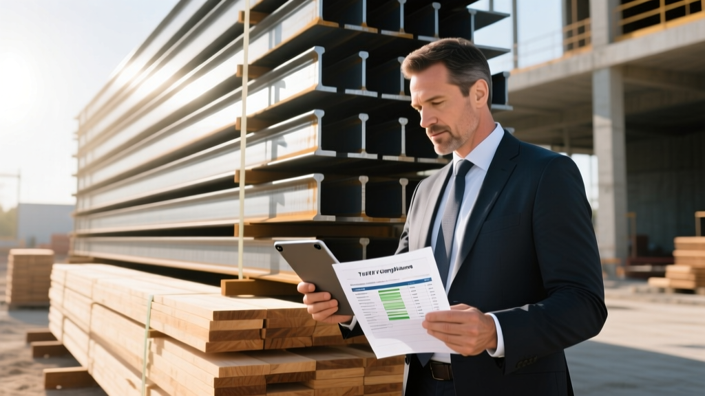 Commercial construction site manager reviewing digital procurement spreadsheets and tariff compliance documents next to stacked steel I-beams and lumber